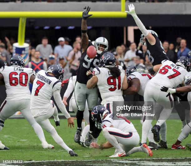 Place kicker Ka'imi Fairbairn of the Houston Texans kicks a 55-yard field goal against the Las Vegas Raiders in the first half of their game at...