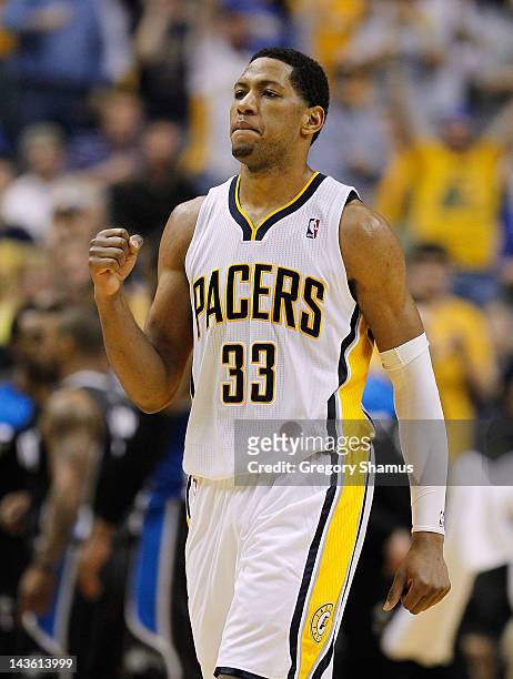 Danny Granger of the Indiana Pacers reacts while playing the Orlando Magic in Game Two of the Eastern Conference Quarterfinals during the 2012 NBA...