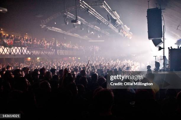 The Crowd watch as Lostprophets perform during the Weapons tour on stage at Rock City on April 30, 2012 in Nottingham, United Kingdom.