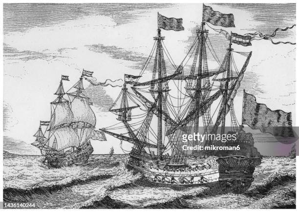 old engraved illustration of warship from the second half of the 17th century - sailing a ship stock pictures, royalty-free photos & images