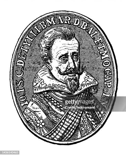 old engraved illustration of silver medal with a portrait of johann tserclaes, count of tilly, field marshal who commanded the catholic league's forces in the thirty years' war - change award stock pictures, royalty-free photos & images