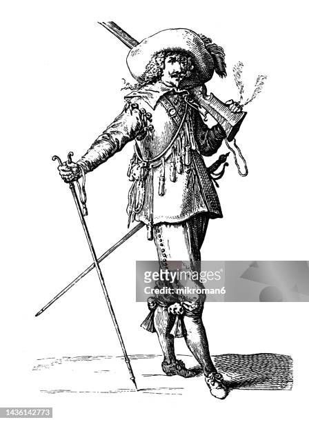 old engraved illustration of french soldiers from 1630 - 17th century style stock pictures, royalty-free photos & images