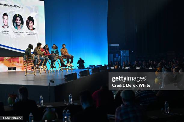 Julie Ann Cromett, Jamie Linden, Adamma Ebo, Adanne Ebo, and Jermaine Johnson speak onstage during the State of the Industry GA Film Summit 2022 at...