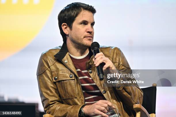 Jamie Linden speaks onstage during the State of the Industry GA Film Summit 2022 at Town Stage at Trilith on October 20, 2022 in Fayetteville,...