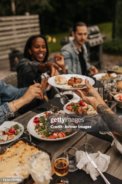 friends having meal in garden - passing imagens e fotografias de stock