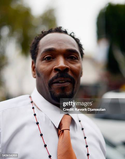 Rodney King arrives at the EsoWon books store to sign copies of his new book, "The Riot Within: My Journey From Rebellion to Redemption," on April...