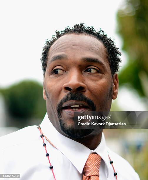 Rodney King arrives at the EsoWon books store to sign copies of his new book, "The Riot Within: My Journey From Rebellion to Redemption," on April...