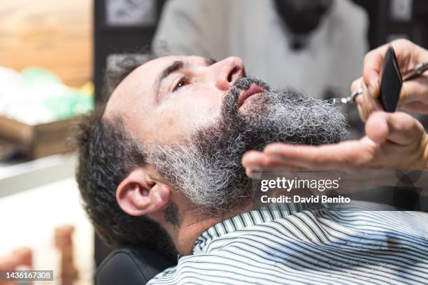 Barber hairdresser fixes a person's beard during the show on October 23, 2022 in Madrid, Spain. 'Salon Look', is an International Image and...