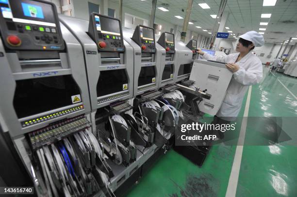 Chinese worker checks a machine to test the circuit boards at a factory in Mianyang, southwest China's Sichuan province on April 30, 2012. China's...