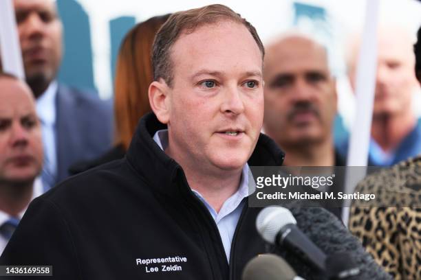 New York Republican gubernatorial nominee Rep. Lee Zeldin speaks during a press conference at the entrance to the Rikers Island jail on October 24,...