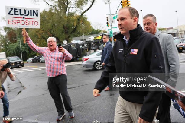 New York Republican gubernatorial nominee Rep. Lee Zeldin arrives for a press conference at the entrance to the Rikers Island jail on October 24,...