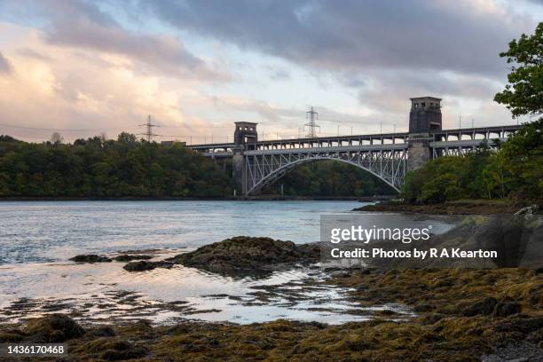 brittania bridge, anglesey, north wales - menai straits stock pictures, royalty-free photos & images