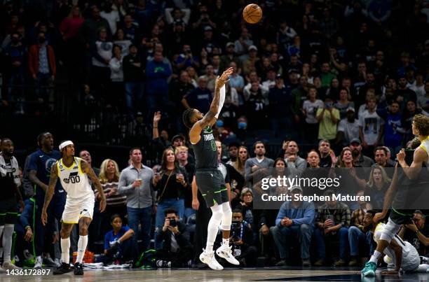 Angelo Russell of the Minnesota Timberwolves shoots the ball to tie the game in the fourth quarter of the game against the Utah Jazz at Target Center...