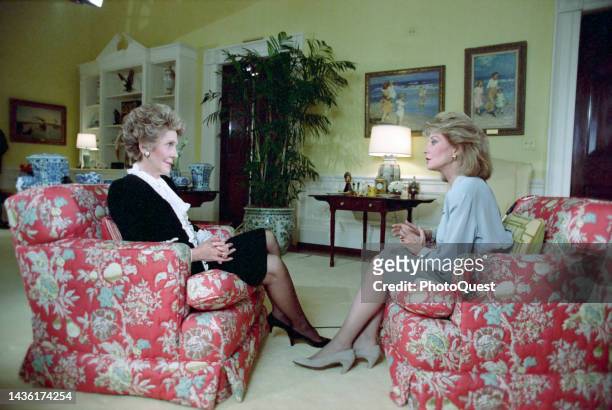Profile view of US First Lady Nancy Reagan during an interview with broadcast journalist Barbara Walters in the White House residence, Washington DC,...