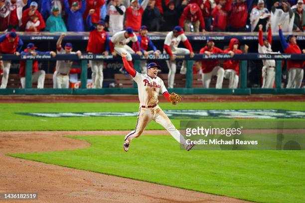 Rhys Hoskins of the Philadelphia Phillies reacts after defeating the San Diego Padres in game five to win the National League Championship Series at...