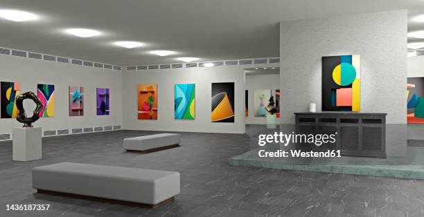 canvas paintings and plastic models arranged in art gallery - exposition stock illustrations