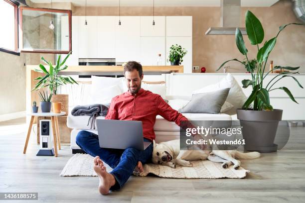freelancer sitting with laptop and petting his dog - man dog home stockfoto's en -beelden