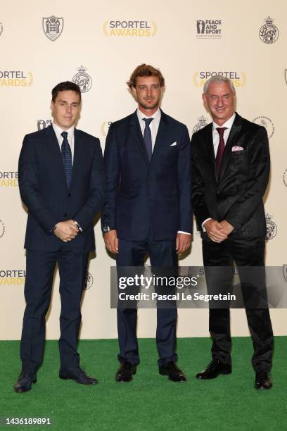 Louis Ducruet, Pierre Casiraghi and Ian Rush attend the SPORTEL Awards at Grimaldi Forum on October 24, 2022 in Monaco, Monaco.