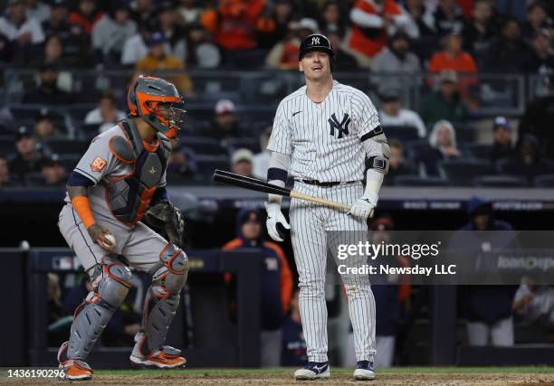 New York Yankees third baseman Josh Donaldson reacts after he strikes out in the 8th inning in game 4 of the ALCS against the Houston Astros at...