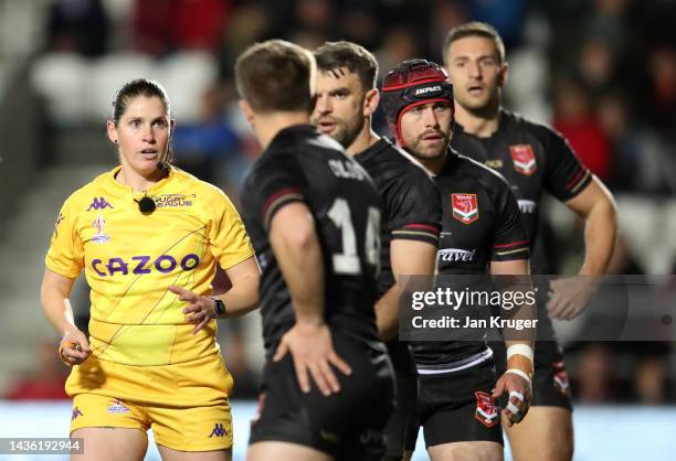 Match Referee Kasey Badger looks on during the Rugby League World Cup 2021 Pool D match between Tonga and Wales at Totally Wicked Stadium on October...