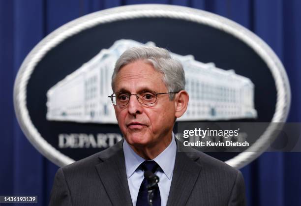 Attorney General Merrick Garland speaks at a press conference at the U.S. Department of Justice on on October 24, 2022 in Washington, DC. The Justice...