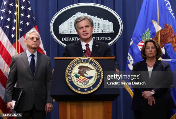 Director Christopher Wray , U.S. Attorney General Merrick Garland and Deputy Attorney General Lisa Monaco hold a press conference at the U.S....