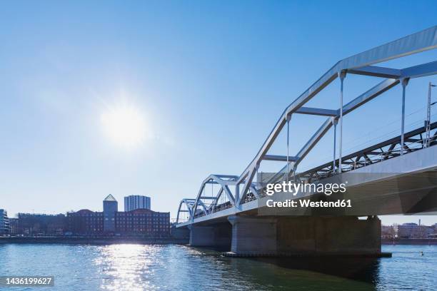 germany, baden-wurttemberg, mannheim, sun shining over konrad adenauer bridge stretching over rhine river - mannheim stock pictures, royalty-free photos & images