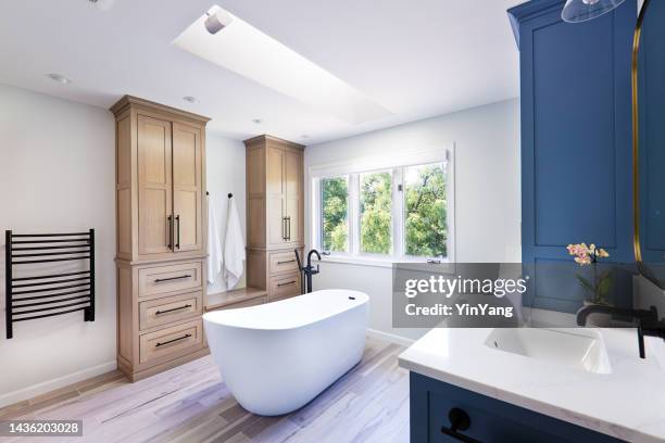 contemporary bathroom design with freestanding porcelain bathtub - clawfoot tub stock pictures, royalty-free photos & images
