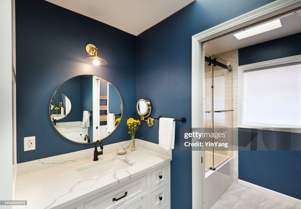 Contemporary Bathroom Design With Vanity And Shower Stall High-Res ...