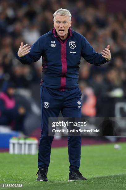 David Moyes, Manager of West Ham United reacts during the Premier League match between West Ham United and AFC Bournemouth at London Stadium on...