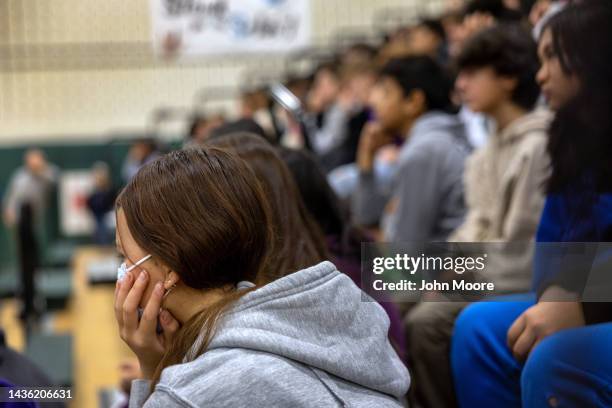 Eighth grade students listen to a police lecture on internet safety and cyberbullying at the Scofield Magnet Middle School on October 24, 2022 in...