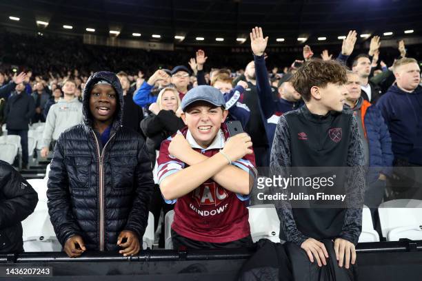 West Ham United fans show their support during the Premier League match between West Ham United and AFC Bournemouth at London Stadium on October 24,...