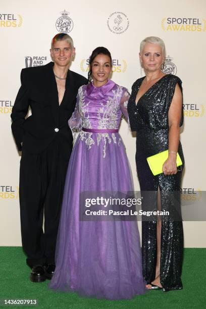 Marie Patouillet, Sarah Ourahmoune and a guest attend the SPORTEL Awards at Grimaldi Forum on October 24, 2022 in Monaco, Monaco.