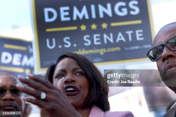 Rep. Val Demings , Democratic nominee for the U.S. Senate, speaks during a meet and greet event outside of the North Miami Library polling place on...