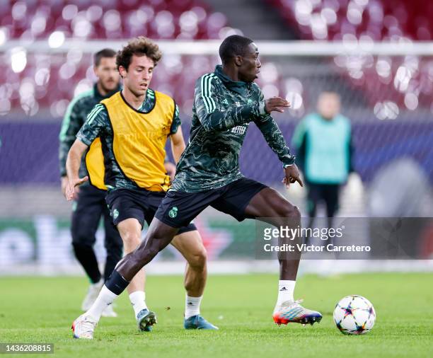 Ferland Mendy and Alvaro Odriozola players of Real Madrid are training ahead of their UEFA Champions League group F match against RB Leipzig at Red...