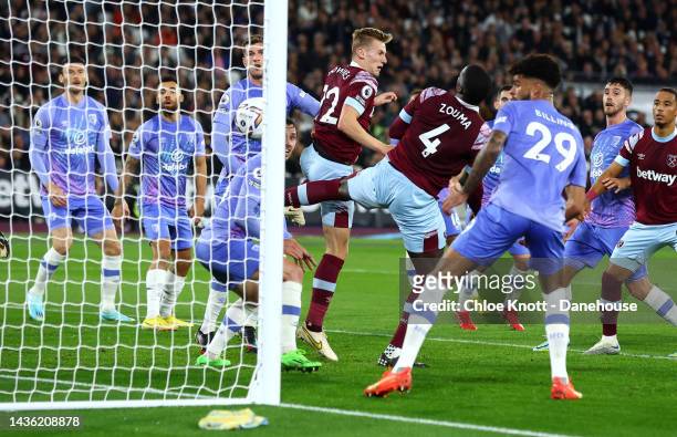 Kurt Zouma of West Ham United scores his teams first goal during the Premier League match between West Ham United and AFC Bournemouth at London...