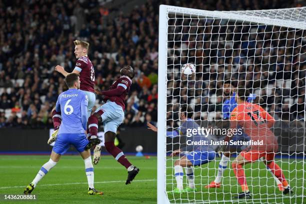 Kurt Zouma of West Ham United scores their side's first goal past Neto of AFC Bournemouth during the Premier League match between West Ham United and...
