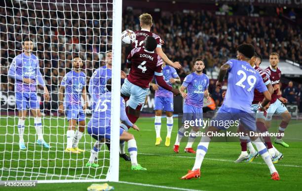 Kurt Zouma of West Ham United scores his teams first goal during the Premier League match between West Ham United and AFC Bournemouth at London...