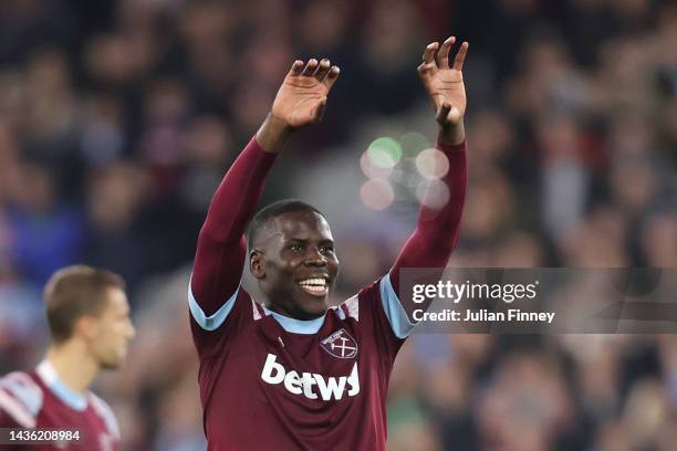 Kurt Zouma of West Ham United celebrates after scoring their side's first goal during the Premier League match between West Ham United and AFC...