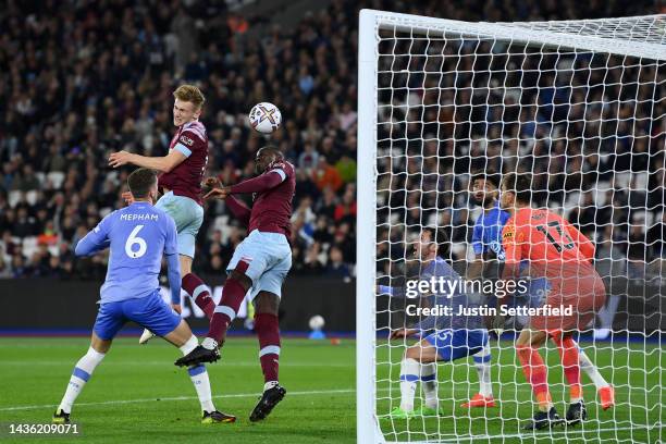 Kurt Zouma of West Ham United scores their side's first goal past Neto of AFC Bournemouth during the Premier League match between West Ham United and...
