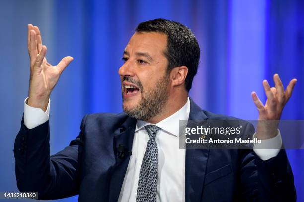 Italian Minister of Sustainable Infrastructure and Mobility and deputy Prime Minister Matteo Salvini is seen at "Porta A Porta" Rai Tv Show at Rai...