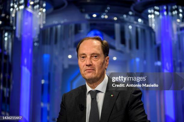 Italian Minister for Relations with Parliament Luca Ciriani is seen at "Porta A Porta" Rai Tv Show at Rai Studios on October 24, 2022 in Rome, Italy.