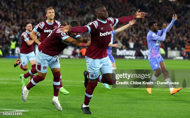 Kurt Zouma of West Ham United celebrates scoring his teams first goal during the Premier League match between West Ham United and AFC Bournemouth at...