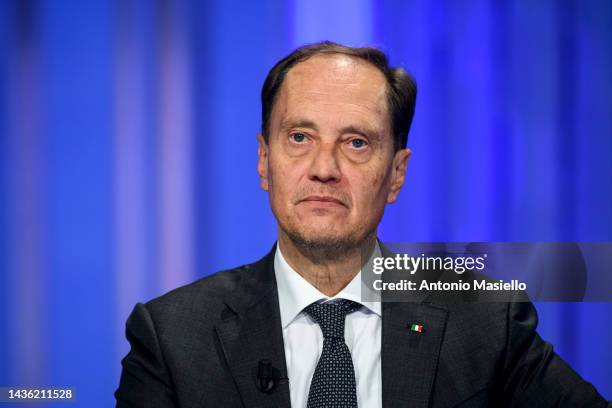 Italian Minister for Relations with Parliament Luca Ciriani is seen at "Porta A Porta" Rai Tv Show at Rai Studios on October 24, 2022 in Rome, Italy.