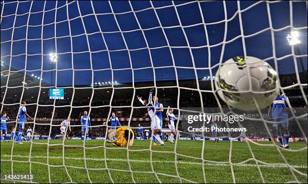 Koteles Laszlo of Genk and Guillaume Gillet of Anderlecht in action during the Jupiler League match between Racing Genk and RSC Anderlecht on April...