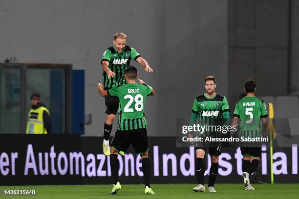 Davide Frattesi of US Sassuolo celebrates after scoring their side's second goal with Martin Erlic during the Serie A match between US Sassuolo and...