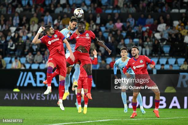 Gonçalo Paciencia of Celta Vigo has a headed shot during the LaLiga Santander match between RC Celta and Getafe CF at Estadio Balaidos on October 24,...