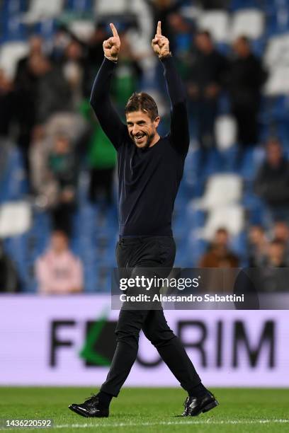 Alessio Dionisi, Head Coach of US Sassuolo celebrates their side's victory after the Serie A match between US Sassuolo and Hellas Verona at Mapei...