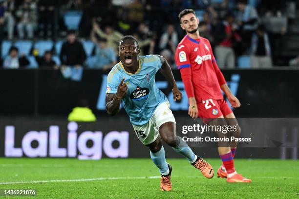 Joseph Aidoo of Celta Vigo celebrates after scoring their side's first goal during the LaLiga Santander match between RC Celta and Getafe CF at...