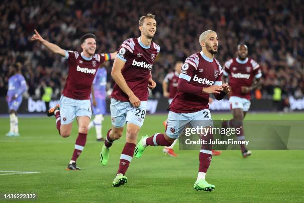 Said Benrahma of West Ham United celebrates after scoring their side's second goal during the Premier League match between West Ham United and AFC...